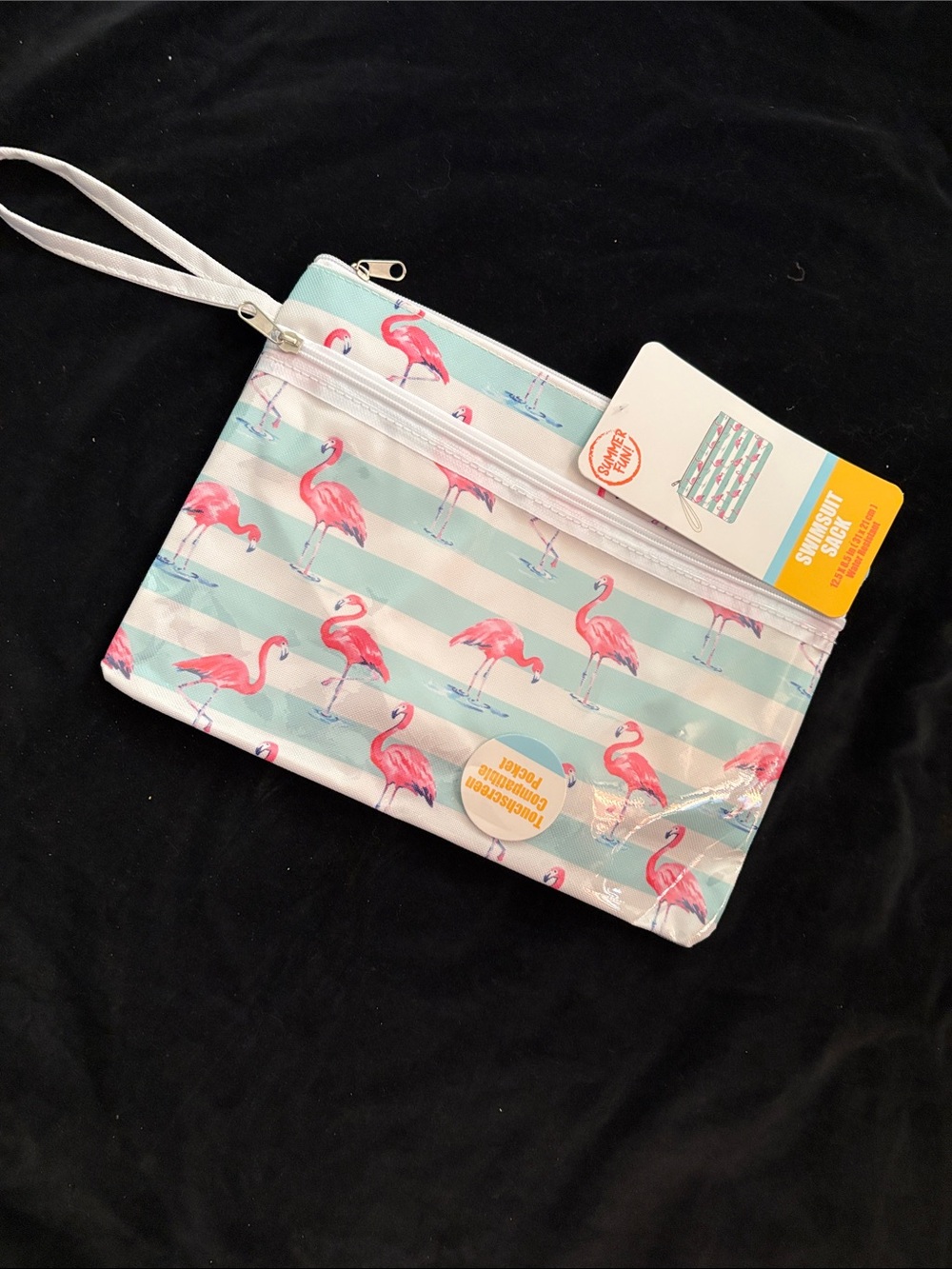 NWT Flamingo Stripe Swimsuit Sack Zippered Pouch - Pink & Mint